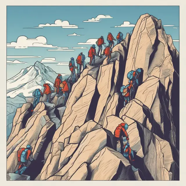 An executive climbing a mountain with colleagues in suits, symbolizing the journey of an Executive MBA, emphasizing professional growth and support from peers.