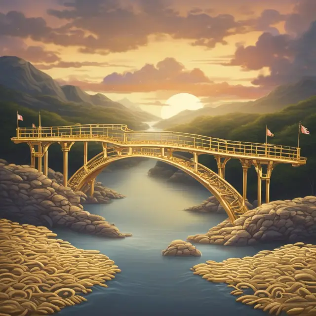 An elegant golden bridge connecting two islands, representing full-time and executive MBAs, over a meandering river signifying ongoing learning.