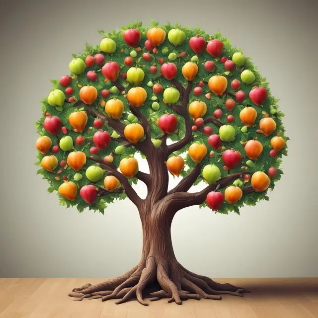 An elegant tree laden with ripe EMBA fruits represents the knowledge and skills gained through an Executive MBA program.