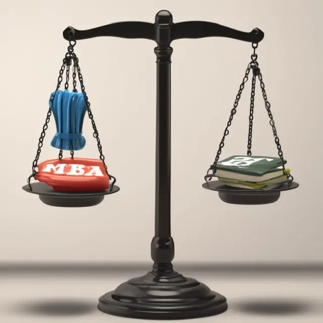 Two scales tipping with business degrees, representing MBA and EMBA, emphasizing the decision-making process between the two.