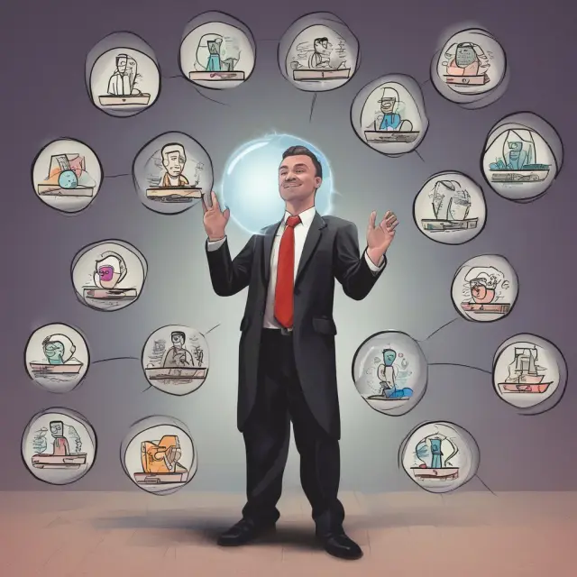 An executive weighing EMBA program options with a crystal ball showing diverse programs.
