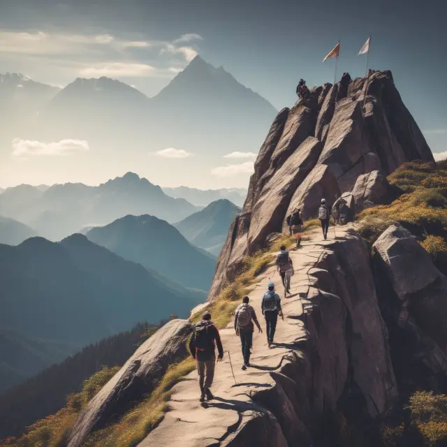 A climber scaling a towering mountain, symbolizing EMBA journey. Three peaks represent mental, professional, and financial preparation.