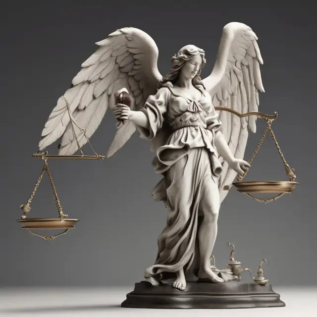 An executor, symbolized as an angel, manages the distribution of assets on a balance scale while paying off debts.