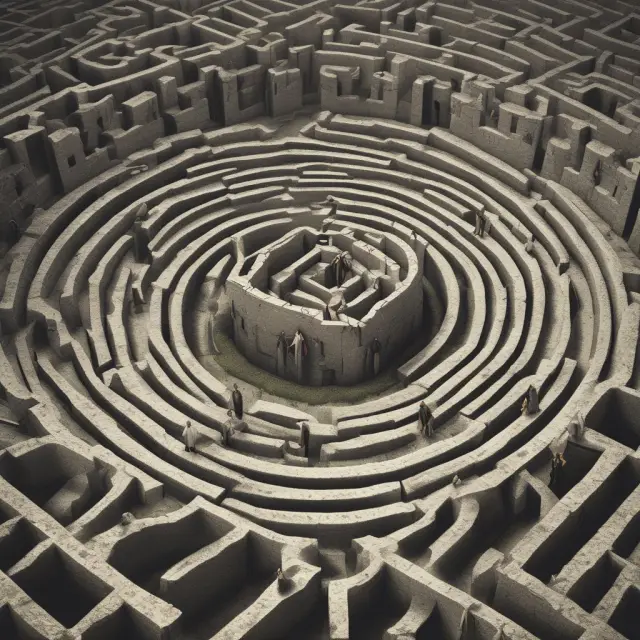 An executor wielding a map navigates a labyrinth filled with quarreling heirs, a will in hand and seeking guidance from an elder figure