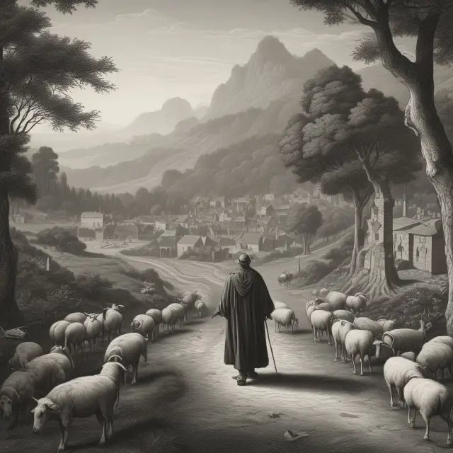 An executor, represented by a shepherd, guiding the deceased