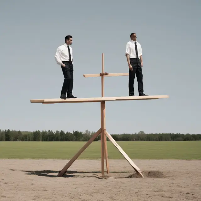 See-saw with two employees - one in business attire (representing exempt) and the other in work clothes (representing nonexempt), symbolizing the balance between salary vs. hourly wage structures.