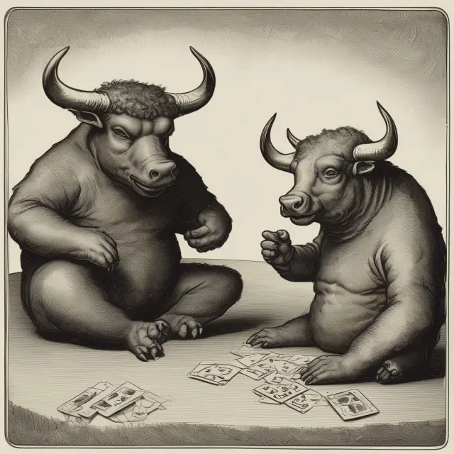 Bull and bear playing cards representing common misconceptions about exempt employee benefits: paid time off, unemployment eligibility, and bonuses