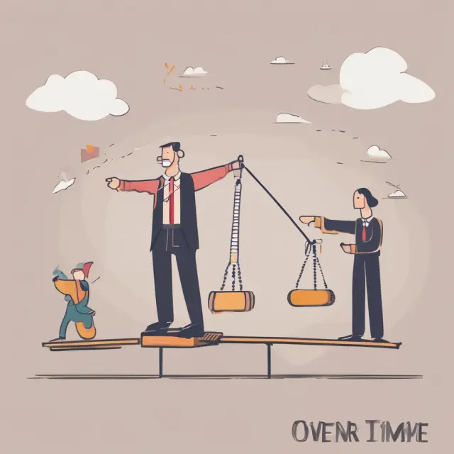 An exempt employee balances salary and potential overtime earnings on a seesaw, with bonus scales tipping the balance.