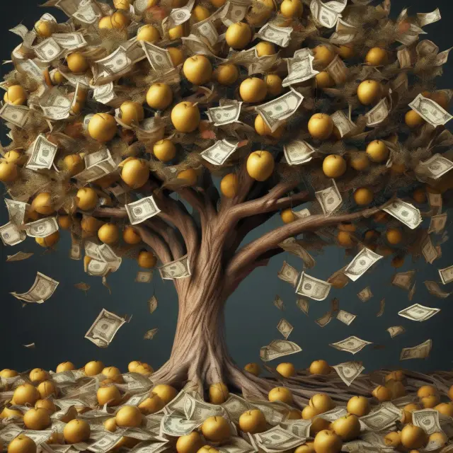 Visual representation of a stock market tree distributing golden apples (cash dividends) and branches of stock dividends to a shareholder.
