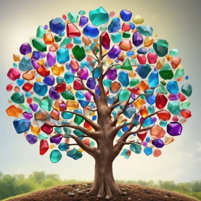 A tree bearing gemstones symbolizing Health Savings Accounts (HSAs), Roth retirement accounts, municipal bonds, charitable contributions, and gifts below the threshold in an exempt income oracle.