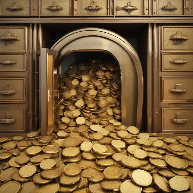 A golden vault overflowing with health savings account (HSA) coins, illustrating the exempt income and tax benefits of HSAs.
