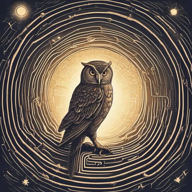 A taxpayer, represented by an adventurer, navigates a maze filled with various exemption symbols while receiving guidance from a wise owl. The scene is illuminated by a bright light.