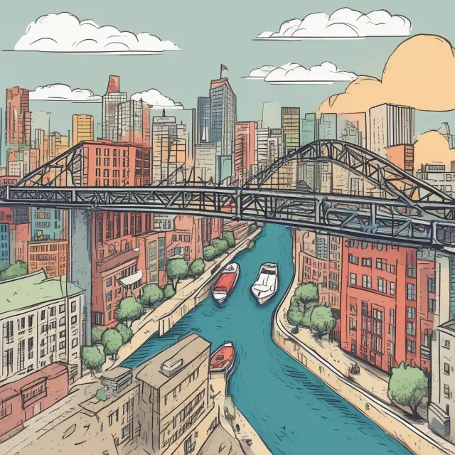 An image of a sturdy bridge linking various investors to a business, symbolizing access to a wider investor base, while cost savings and time efficiency anchor the foundation below