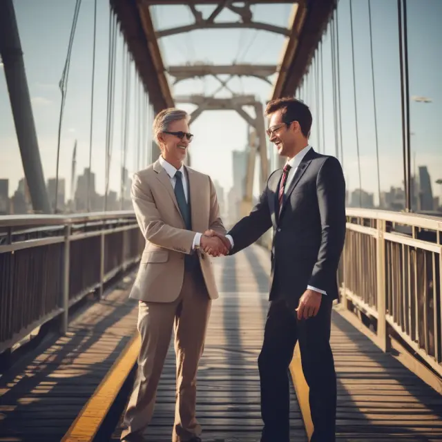 An accredited investor shakes hands with a business executive on a bridge, representing secure, compliant exempt transactions