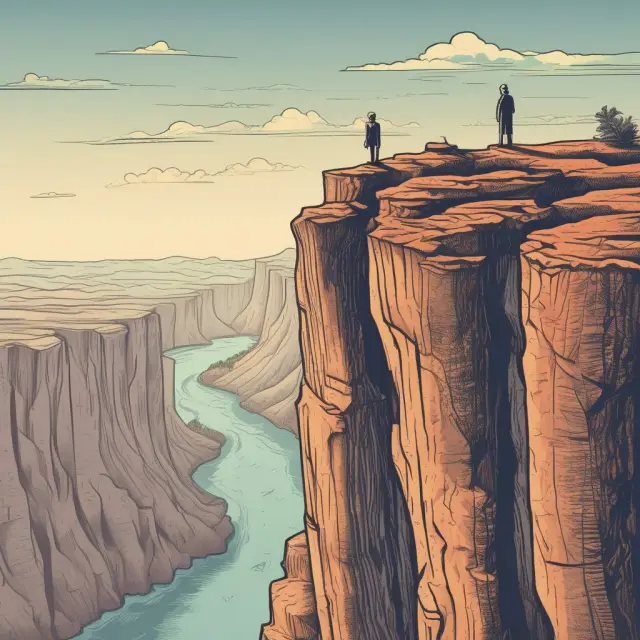 Investor deliberating atop a cliff, surrounded by options contracts - illustrating the importance of weighing risks when deciding to exercise options