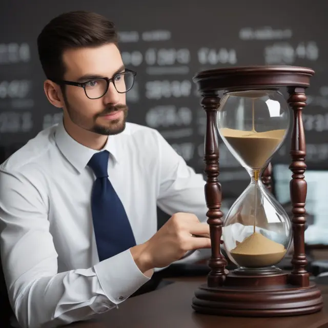 An expert options trader considers the intricacies of market trends and time decay as they decide when to exercise their option on an hourglass-shaped stock ticker.