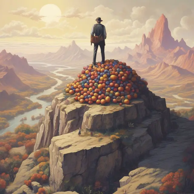 An investor atop a mountain of options contracts, carefully selects profitable strategies like straddles and strangles.