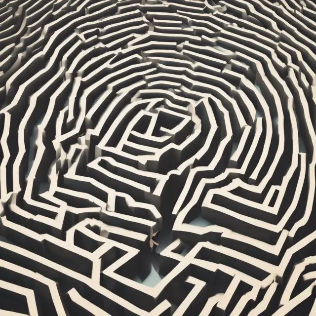 An options investor standing at the entrance of a maze, surrounded by towering market risks and challenges labeled as 