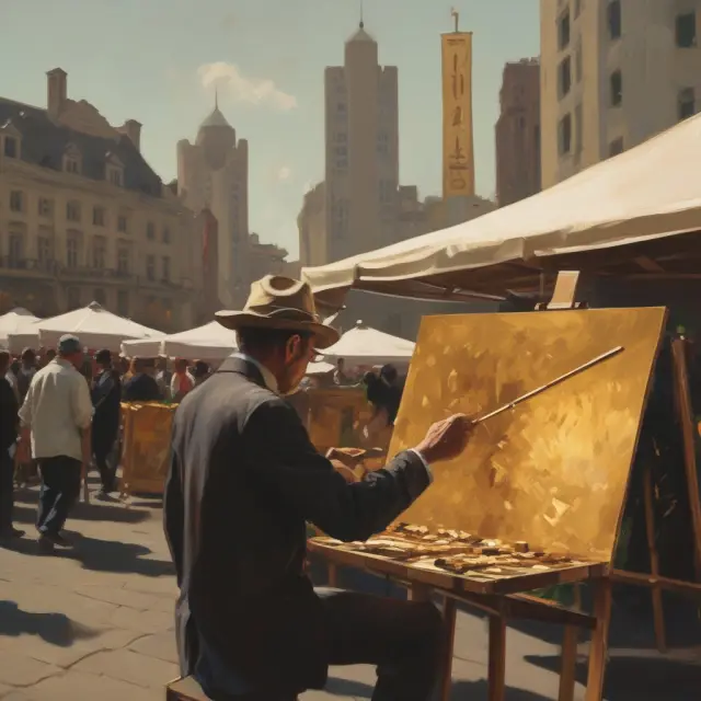 An artist paints a bullish market scene using golden put options as his brushes to capture profits from market volatility.