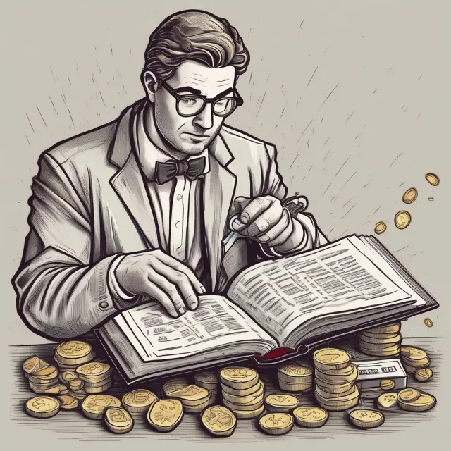 Options trader calculating profit using exercise prices, gold coins symbolizing gains and a calculator