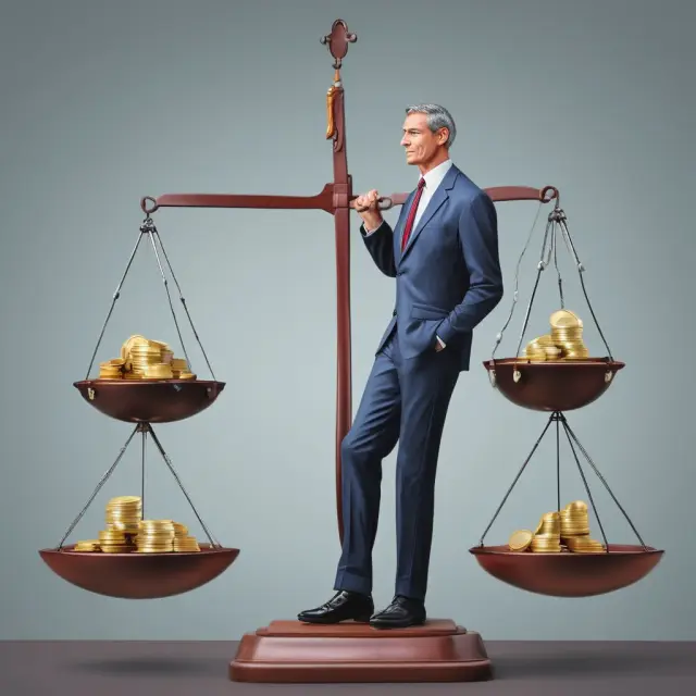 An investor skillfully balances scales, representing their investment portfolio. Call (in the money) and put (out of the money) options are depicted as golden weights on each side.