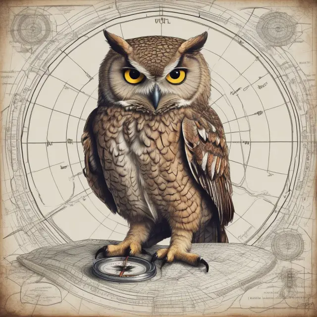 A wise owl holds a map and compass, symbolizing the importance of exit strategies in navigating financial investments and business decisions.