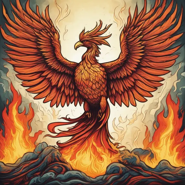 A business phoenix rises from mergers and acquisition flames, representing transformation and growth.