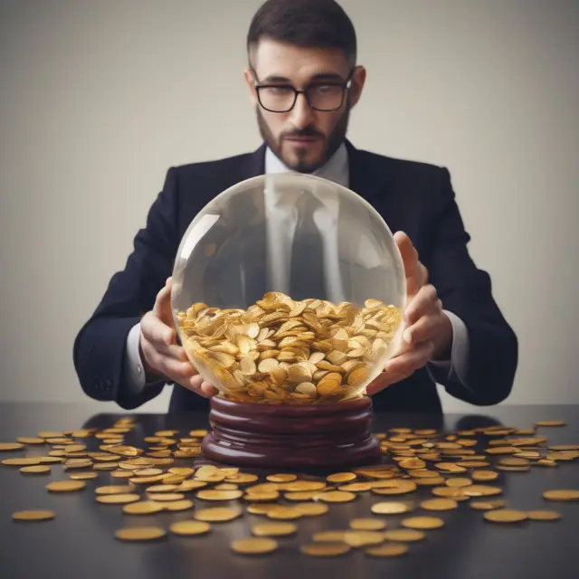 Investor contemplates exit strategies with golden coins in a crystal ball