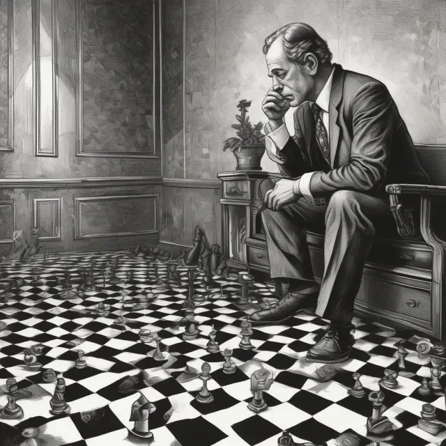 An investor, illustrated as a knight on a chessboard, weighs various exit strategy options to optimize profits or minimize losses