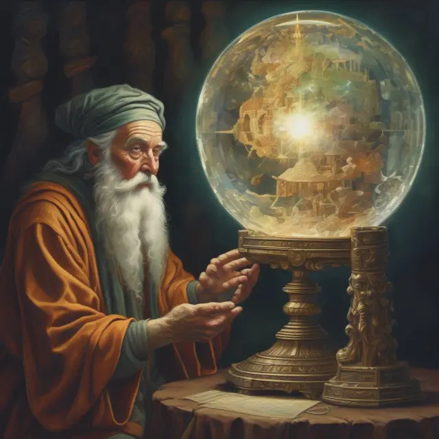 Sage studying crystal ball with savings rates and tech advances for institutional investment insights