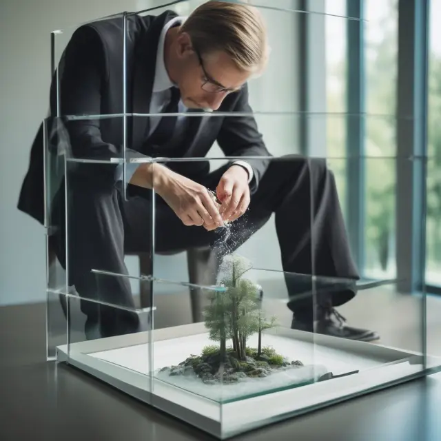 A person examining the exogenous growth model through a glass table, highlighting its limitations and criticisms