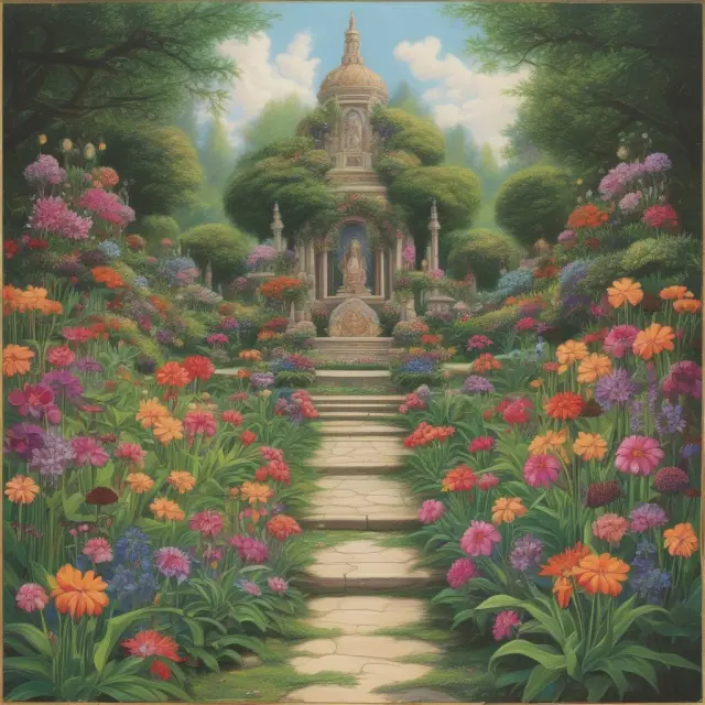 Oracle figurine surrounded by a vibrant garden of exotic option strategies, including straddles, strangles, spreads, and collars