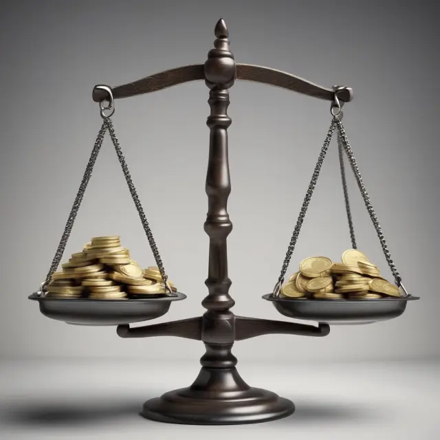 Image of a balance scale with net income represented by a gold coin pile and retained earnings as a stack of green dollar bills