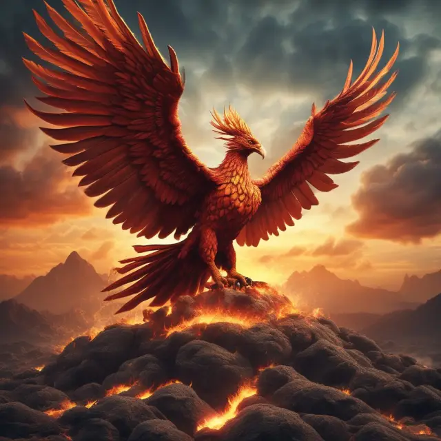 A mythical phoenix rising above an economic graph, representing the business cycle