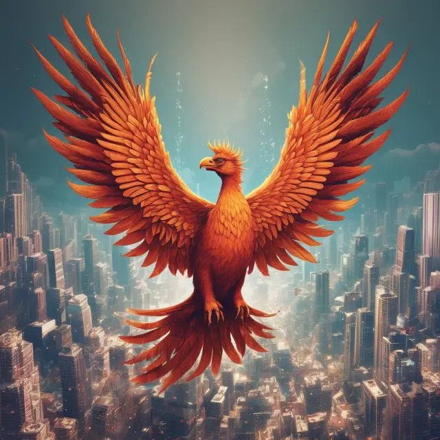A mythical phoenix rising from a sea of interconnected graphs and charts signifying expanding business cycles