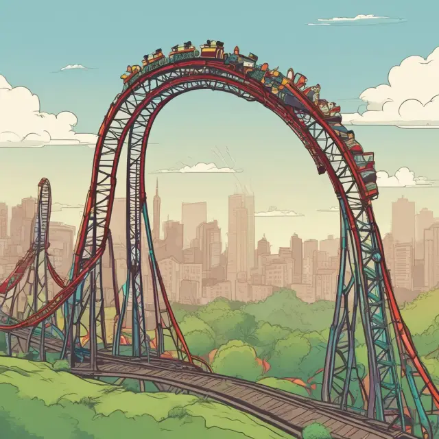 An amusement park rollercoaster symbolizing economic expansions with short-term expansion rides being quick, thrilling but brief, while long-term expansions offer a more serene and lengthy journey