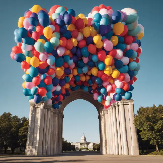 Historical balloons illustrating notable U.S. economic expansions ascending towards an achievement-filled arch