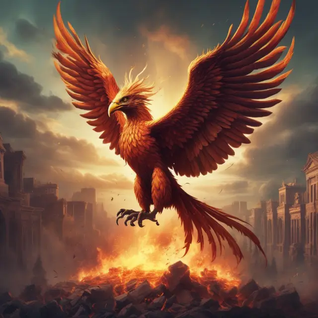 A mythical phoenix rising from a pile of ashes amidst a backdrop of financial charts, signifying expansionary fiscal policy