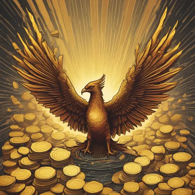 A mythical Phoenix emerging from a pool of golden coins, representing central bank