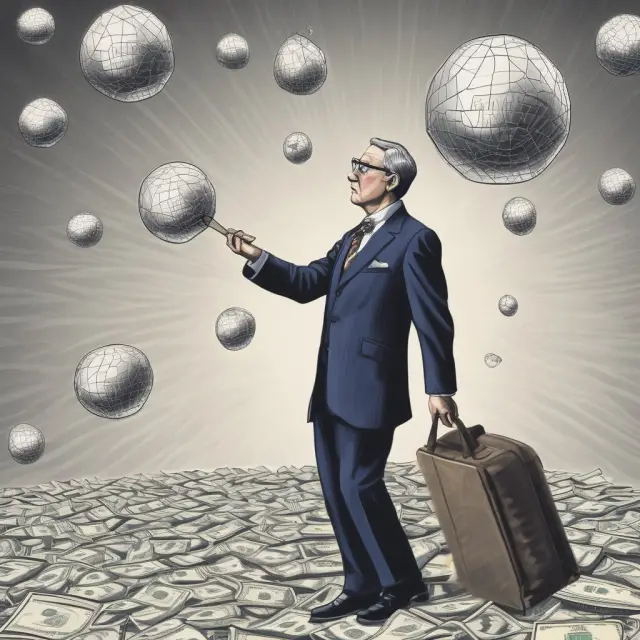 Central banker in thoughtful pose, delicately managing scale balance between economic growth and potential risks of inflation and asset bubbles