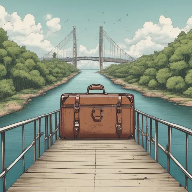 Suitcase on a bridge between continents for an image representing the life of an expatriate