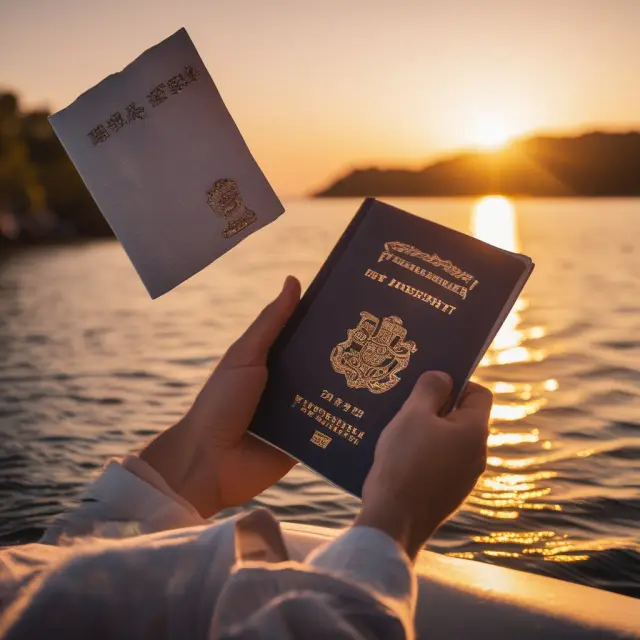 A person embarks on an adventure, holding a passport while sailing towards a new life abroad with anchor point visas for employment, retirement, or investment