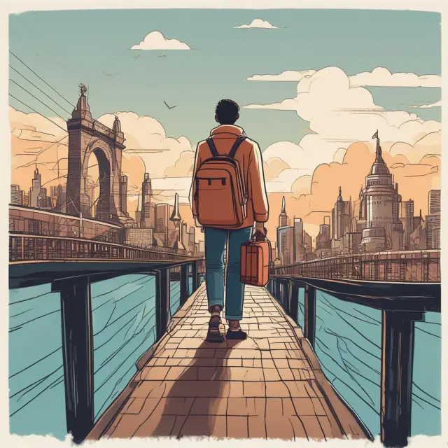 An expatriate stands on a bridge, holding an open book as a suitcase, symbolizing learning and adapting to a new culture.