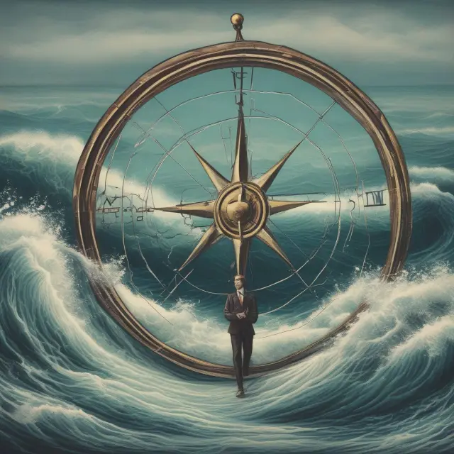 An institutional investor sailing through a sea of interconnected waves representing various interest rates, steering with a compass labeled 