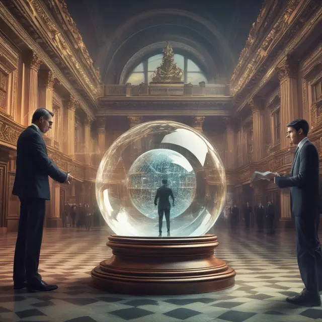 Institutional investors examining long-term bond yields in a crystal ball to forecast short-term interest rates and inform investment decisions