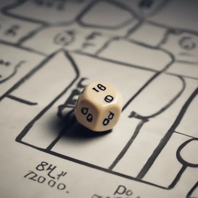 Image of a six-sided die rolling towards a scale, where the tipping point is the expected value (3.5).