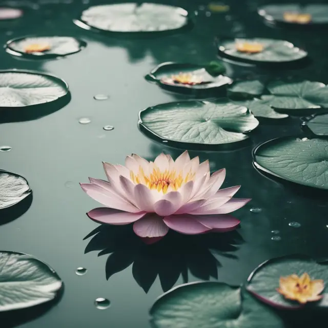 A serene pond filled with lotus flowers floating on its surface, each flower symbolizing a financial FAQ question. The answers are represented as droplets of knowledge at the core of each lotus.