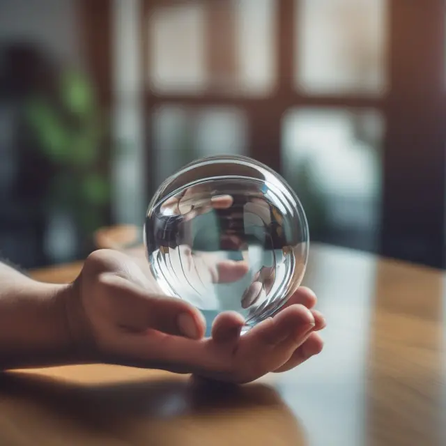 An investor holding a crystal ball showing an expected return of 10%, facing a mirror reflecting an actual realized return