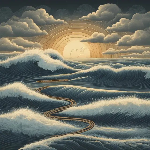 Golden mean balancing on turbulent waves, representing risk and expected returns in investing.