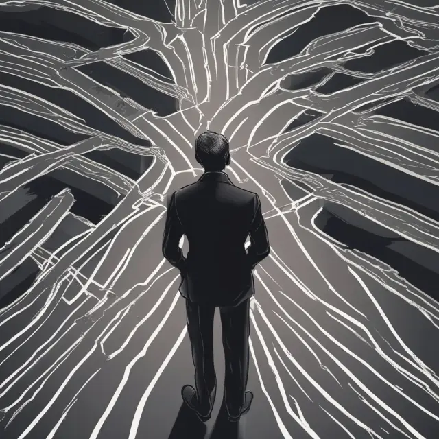 An investor weighing expected returns against risk in front of two paths representing investment options